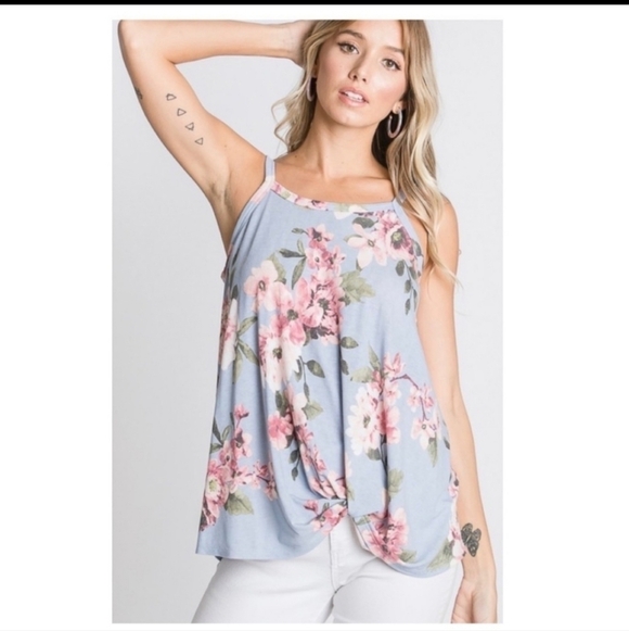 Hopley Floral Spaghetti Strap Tank Top With Knot on the Side Detail-S & L - Picture 2 of 14